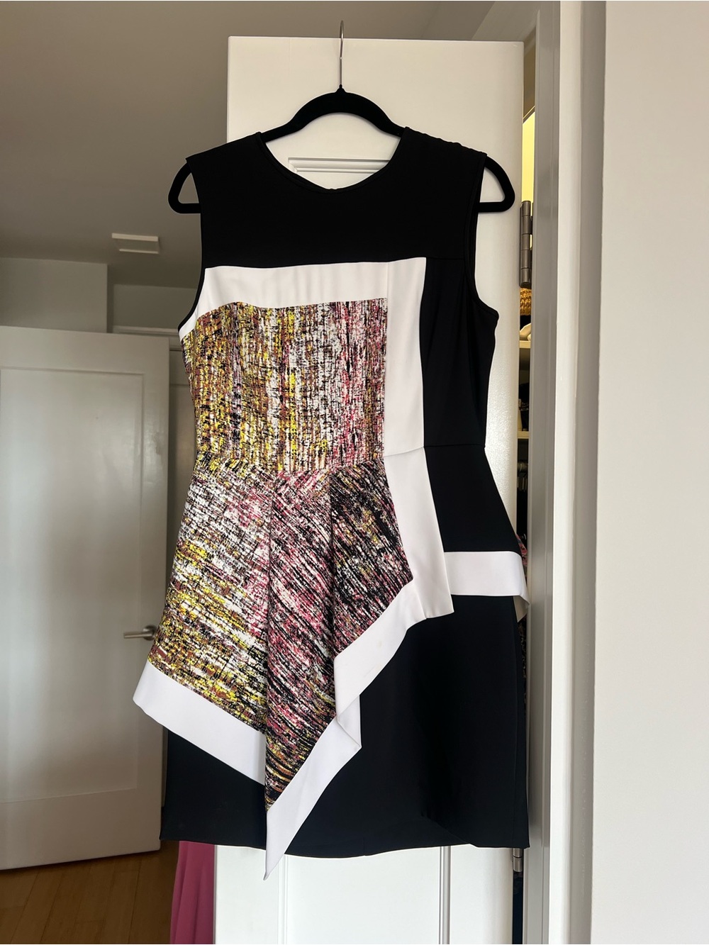 BCBGMaxAzria Black, White and Multicolor Asymmetric Mini Dress
